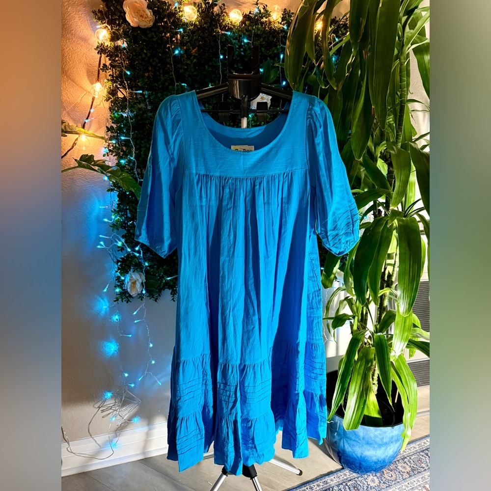vintage Two Potato Laguna Beach blue cotton tiered muumuu dress.